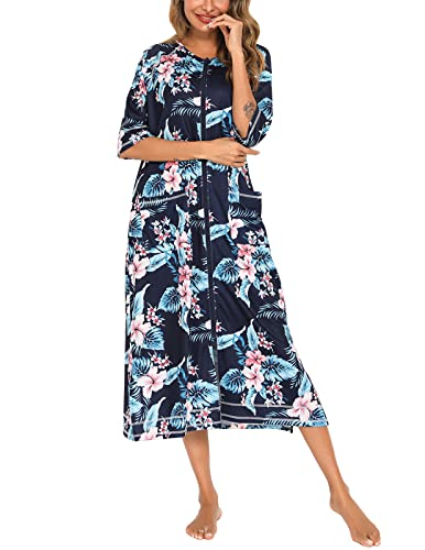 Image of Veseacky Women Robe Zipper Front House Coat 3 /4 Sleeve Nightgown Full Length Ladies Lounge Dress with Pockets S-XXL