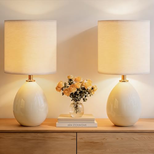 Image of Dawnwake 18.5 inch Table Lamps Set of 2 for Living Room Bedroom, Bedside Lamps for Night Stands, Desk Nightstand Lamp Dimmable, Modern Linen Cream Ceramic Lamps