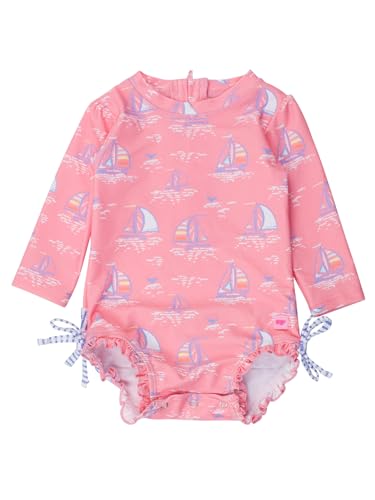Image of RuffleButts Baby Girls UPF 50+ Sun Protection Floral Printed Long Sleeve One Piece Rash Guard Swimsuit with Zipper