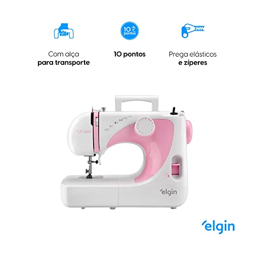 Máquina de Costura Futura Elgin JX-2040 Portátil 10 pontos Branca e Rosa 220V