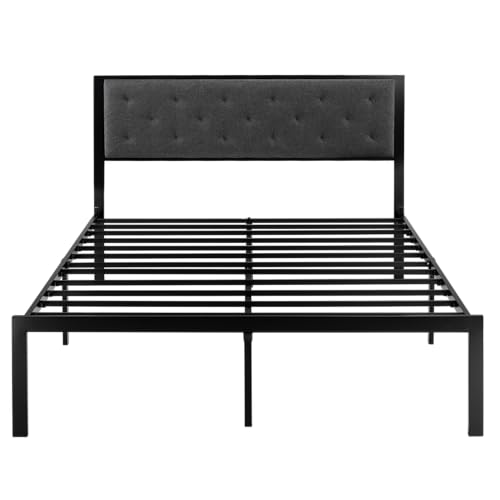 Image of Allewie Full Bed Frame with Upholstered Headboard, Chic Diamond Stitched Tufted Design, No Box Spring Needed, Dark Grey