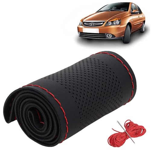 Image of KINGSWAY PU Leatherite Car Steering Cover Sewable Compatible with Tata Indigo CS (Year 2009-2018), Black Color with Red Thread, Pack of 1 with Sewing Needle and Thread