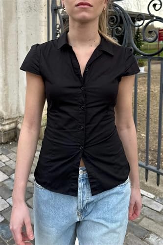 Image of Y2k Girls Vintage Coquette Button Down Shirt Women Short Sleeve V-Neck Slim Fitted T-Shirt Cute Blouse Crop Top