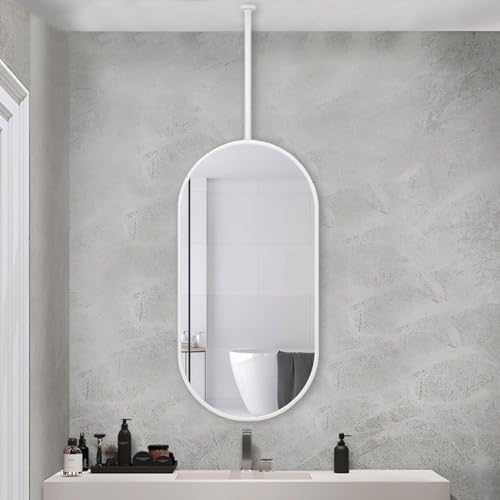 Specchio ovale del palo appeso con gancio personalizzabile del montaggio del soffitto, specchio del trucco del bagno, specchio decorativo pensile della struttura del metallo,White-40 x 60cm