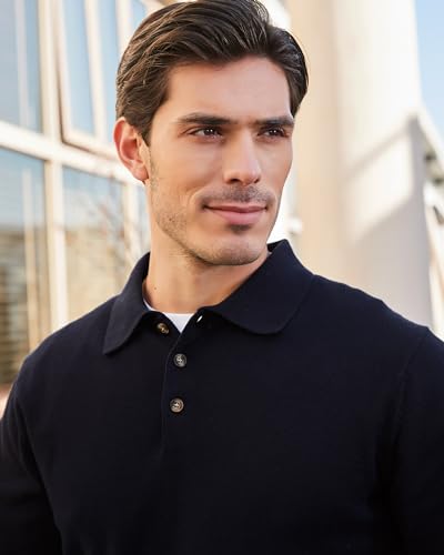 Image of Kallspin Mens 100% Cotton Polo Sweater Long Sleeve Button Down Knit Pullover Relaxed Fit Collared Casual Tops