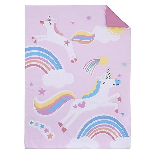 Image of Everything Kids Unicorn Pink, Blue, Yellow, and White Rainbows You're One of a Kind 4 Piece Toddler Bed Set - Comforter, Fitted Bottom Sheet, Flat Top Sheet, and Reversible Pillowcase