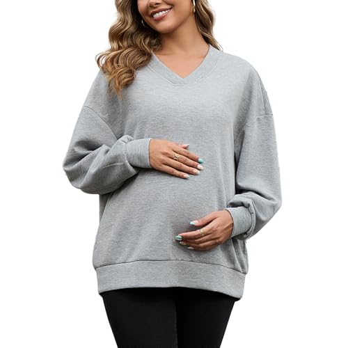 GINKANA Maternity Long Sleeve Tops for Pregnant Women Fashion Soft Casual Tunic Drop Shoulder Pullover Shirts with Pockets,Heather Gray,S
