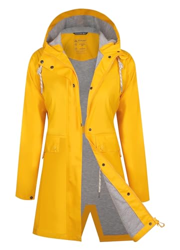 ATLASLAVA Regenjacke Damen Lang Wasserdicht Regenmantel mit Kapuze PU Trenchcoat für Outdoor Wandern Camping Gelb L