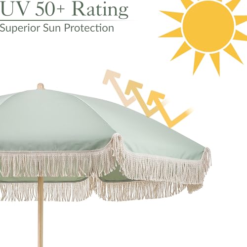 CHRISTOW Portable Garden Parasol with Tilt, 2m Cotton Tassel Beach Umbrella, Outdoor Patio Sunshade, Tilting Canopy, Steel Pole with Wood Effect, UV50+ Sun Protection, Water Resistant, Bag (Sage) - Image 2