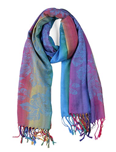 Écharpe bleue pour femmes à dégradé floral et glands doux 71x27.5