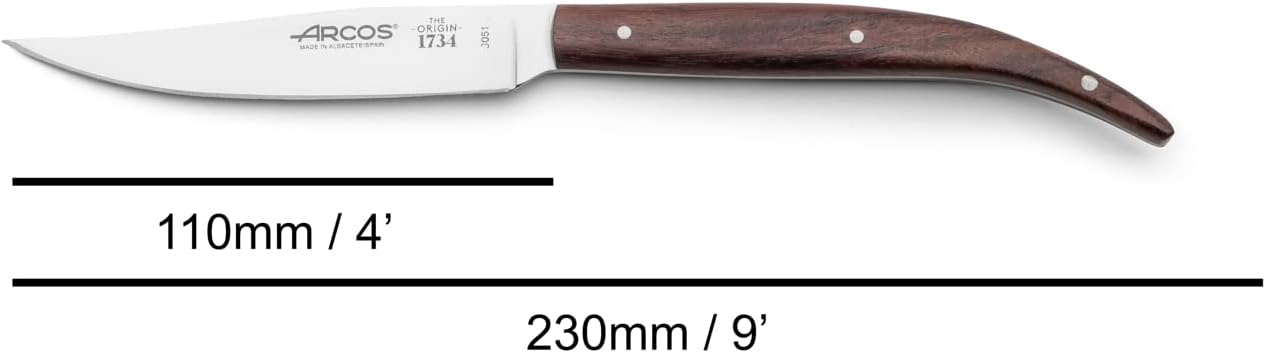 Arcos Steak Knives Set of 4 pieces. 4 Inch Non Serrated Steak and Meat Knife in Nitrum Stainless Steel. Phelonic Brown Handle. The Origin Series