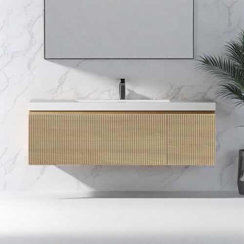 Image of Wall Mounted Bathroom Sink Vanity, Modern 48 inch Floating Vanity with Resin Basin, U-Shaped Soft-Close Storage Drawer & Side Door, Striped Bathroom Storage Cabinet with Invisible Handle, Wood