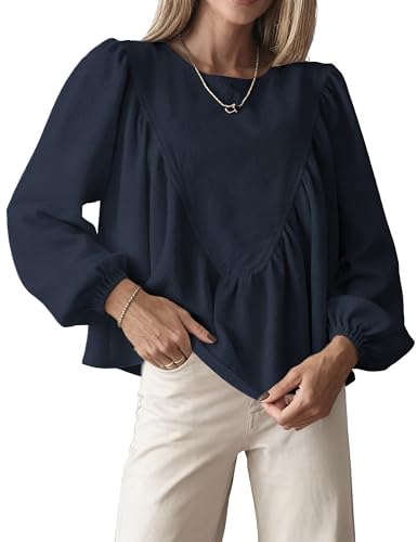 IQSQSQ Women's Peplum Babydoll Top Waffle Knit Shirt with Back Button Lantern Sleeves for Casual Outfits(A-Navy-M)