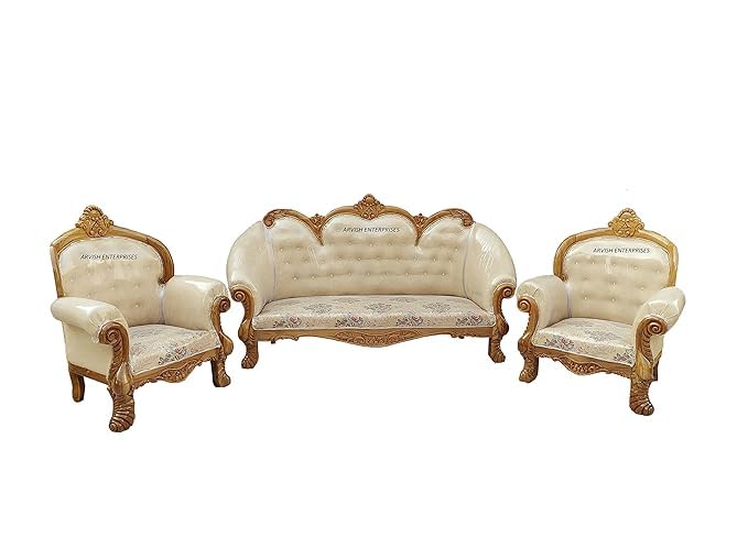 Image of Luxury Antique Sofa Set in a Classic Living Room Setting Solid Teak Wooden Five Seater Sofa Set with Cushion for Living Room | Honey Brown Finish | 208D x 76W x 119H cm (Design10)