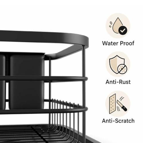 Image of ZOLMIX Dish Drying Rack, Dish Drainer Basket with Drainer Tray, Utensils Drying Rack Anti-Rust Detachable Cutlery Holder, Bartan Basket with Drain Tray, Kitchen Utensils Organizer, Black (42x32x13 cm)