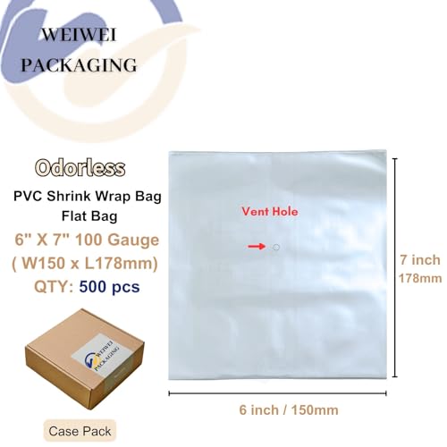 Image of Weiwei - 500PCS 6 X 7 inch Odorless PVC Heat Shrink Wrap Bags 100 Gauge with Vent Hole