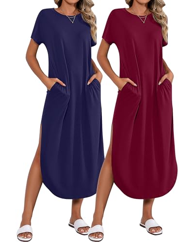 Image of Riyiper 2 Pieces Women's Short Sleeve Maxi Dress Round Neck Casual Loose Split Long Summer Beach Shirt Dress with Pockets (Navy Blue, Wine Red,Small)