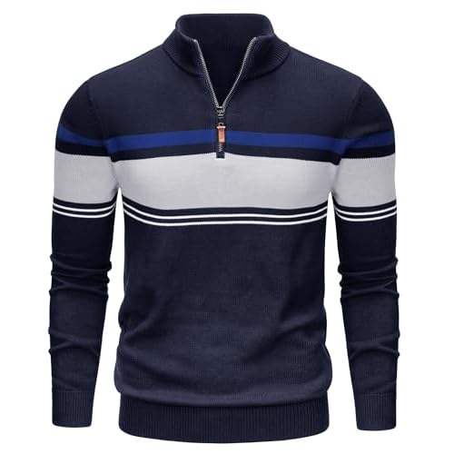 TACVASEN Men’s Quarter Zip Up Sweater Striped Pullover Polo Mock Neck Sweaters Casual Fall Winter Sweatshirts