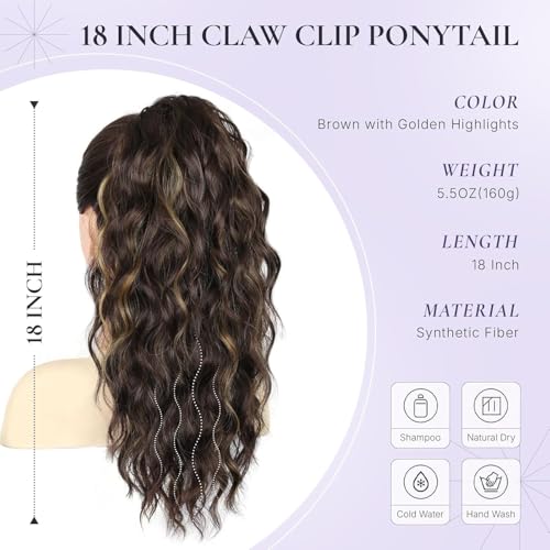 Image of Ponytail Extension, 18 to 20 inch Long Curly Wavy Claw Clip in Ponytail Hair Extensions, Jaw Clip on Pony Tails Fluffy Hairpiece for Women Daily Party Use, Brown Color with Highlights (Highlights)