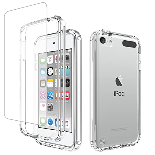 Zoeirc Case for iPod for Touch 6/for Touch 5/for Touch 7 Case with Tempered Glass Screen Protector Soft 360°Full Body Shockproof Hybrid Bumper Crystal Clear Cover for iPod for Touch 7 Clear