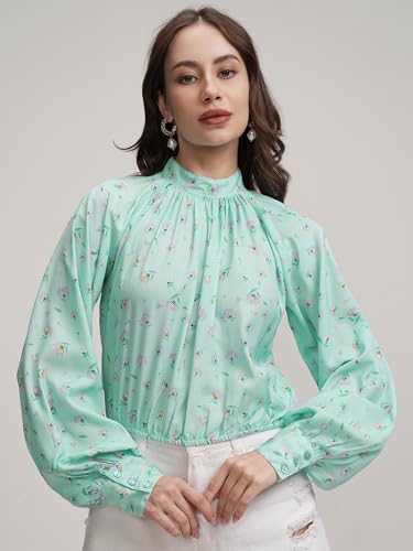 Image of Tokyo Talkies Women's Floral Print Blouson Top | High Neck | Cuffed Sleeves | Feminine & Elegant | Perfect for Work, Brunch & Casual Chic | Tops for Woman | Women Tops | Stylish Top