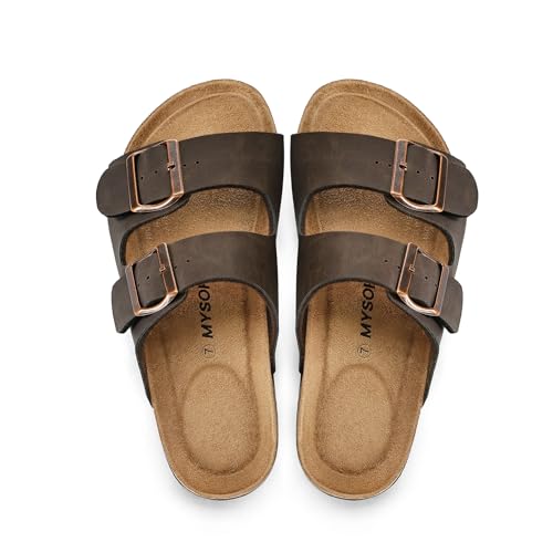 Image of mysoft Womens Flat Sandals Cork Footbed Slides with 2 Straps | Adjustable Buckle Slip On Comfortable Casual Light Weight Summer sandals