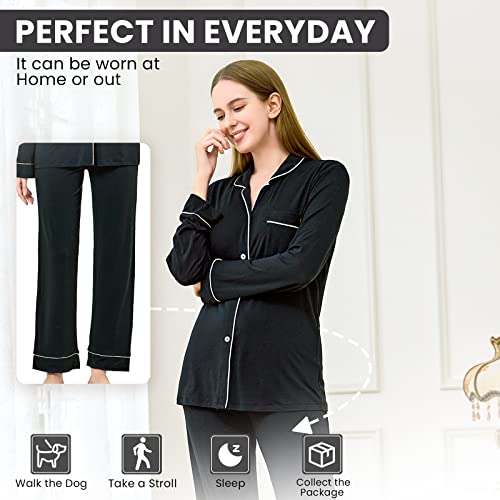 Snow Touch Button Up Pajamas For Women,Notch Collar Womens Pjs Sets,Classic Button Down Loungewear Long Sleeve Sleepwear Black #TOP2
