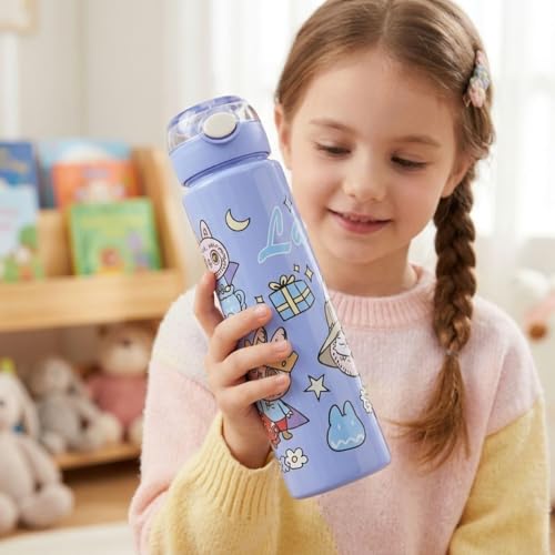 Image of Cartoon Printed Plastic Water Bottle for Kids Leak Proof Flip Cap Sipper Bottle with Strap School Drinking Bottle for Boys Girls Travel Office Use 900 ML (Purple)