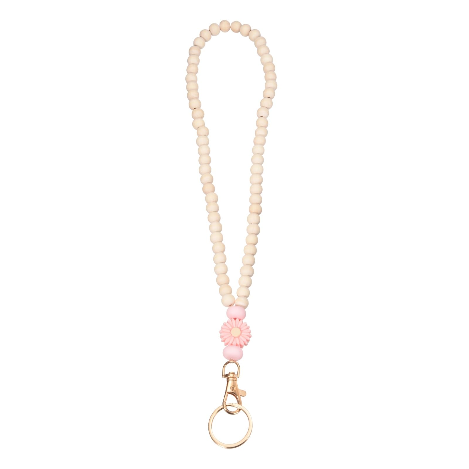 PATIKIL Wood Beaded Lanyard, 370mm Cute Flower Wooden Teacher Lanyards for Women Key Ring for ID Badges Holder Keychain Office Worker, Pink