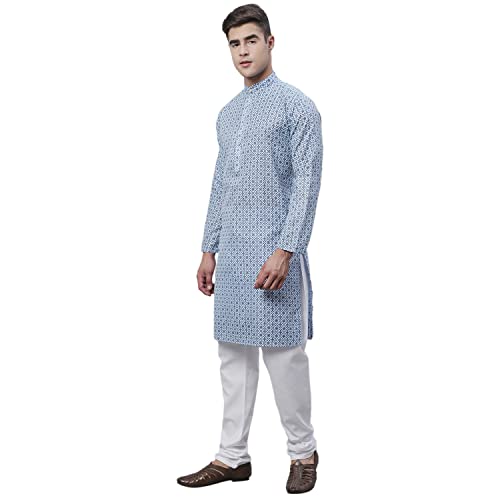Image of SOJANYA (Since 1958 Men's Cotton Linen Blue Foil Printed Kurta and White Pyjama Set
