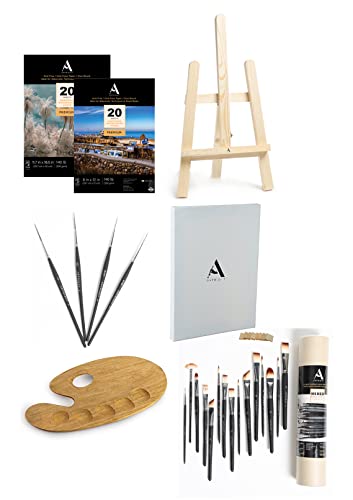 Image of 60-Piece Professional Painting Kit: 2-Foot Wooden Easel, A3 Canvas, 40 Watercolor Sheets (300 GSM), Palette, 19 Paintbrushes + 4 Liner Brushes