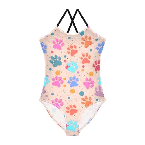 Rainbow Footprint Pattern Girls Swimsuit One Piece Bathing Suit Beach Swimwear with Adjustable Straps 3-10Years