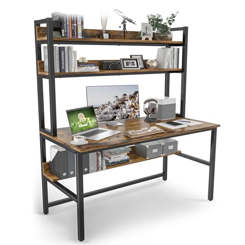 Aquzee Computer Desk with Hutch Bookshelves, 55 Inch Home Office Writing Desk with Space Saving Design, Gaming Table Organized Desk with Storage Shelves Bookshelf Easy Assemble, Rustic Brown