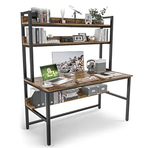 Aquzee Computer Desk with Hutch Bookshelves, 55 Inch Home Office Writing Desk with Space Saving Design, Gaming Table Organized Desk with Storage Shelves Bookshelf Easy Assemble, Rustic Brown