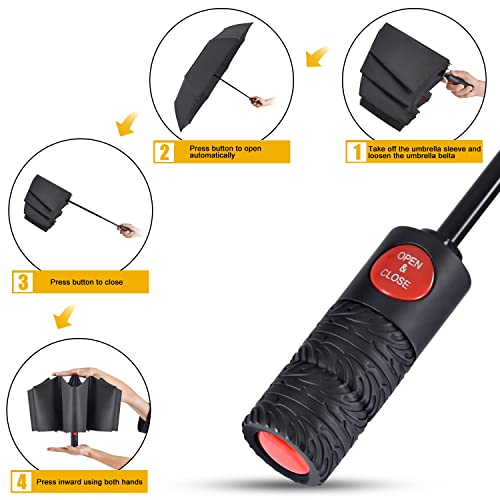 Lejorain Collapsible Umbrella Compact Travel - Portable Black Double Canopy Automatic Windproof Umbrella - Folding Striking Red Reinforced Fiberglass Frame Rain Umbrellas For Adults #TOP3