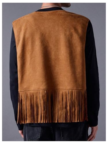 OYOANGLE Men's Casual Suede Top Shirt Boho Fringe Trim Open Front Sleeveless Vest Jacket Waistcoat2