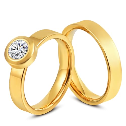 lybeilyn 2 Pcs Gold Rings Set for Women 18K Gold Plated Cubic Zirconia Stackable Lady Fingers Ring Size 6/7/8/9 Stainless Steel Wedding Band Non Tarnish Chunky Jewelry Gifts (Ring-002, 6) (9)