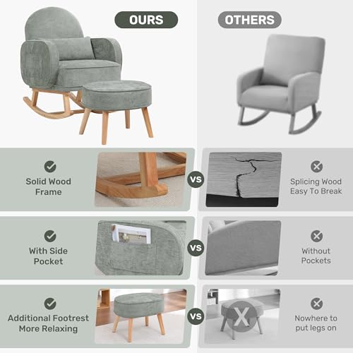 Image of HCHAIRH Rocking Chair with Ottoman, Upholstered Glider Rocker with footrest and Side Pocket, Comfy Chenille Reading Chair with Solid Wood Legs for Nursery, Living Room,Bedroom Pale Green