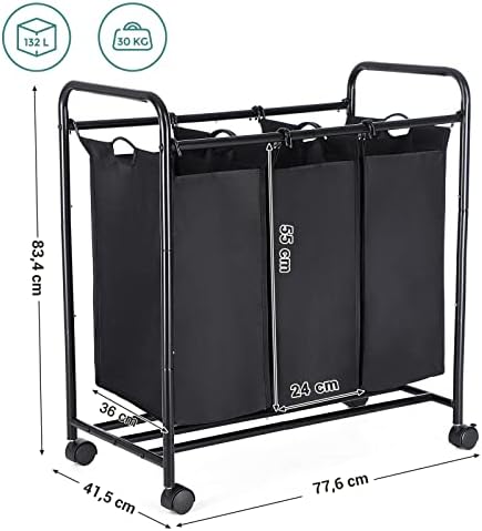 SONGMICS Rolling Laundry Sorter, Laundry Basket with 3 Removable Bags, Laundry Trolley, Toy Organiser on Wheels, Sturdy, 3 x 44L, Black LSF003B