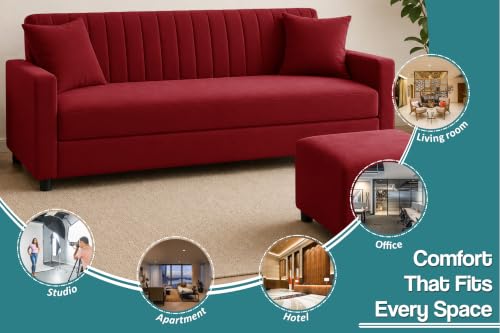 Image of 3 Seater Wooden Sofa Set with Ottoman for Living Room | Premium Velvet Fabric Wooden Frame | Modern Design | Comfortable Cushioned Sofafor Home, Office & Lounge | Red
