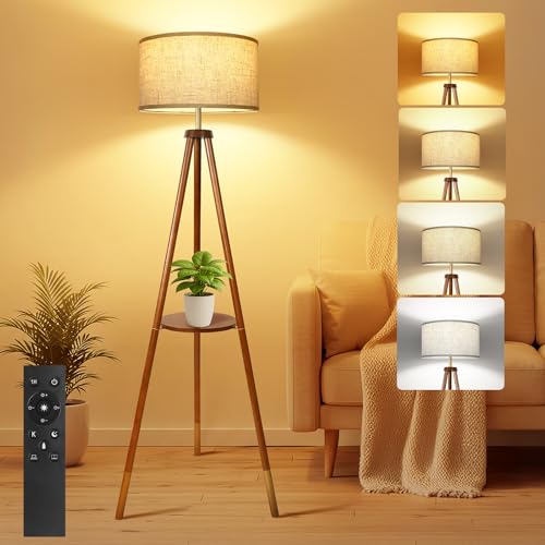 OUTON Lampara de Pie Trípode de Madera, Lámpara de Pie Moderna Regulable con Control Remoto, 4 Temperaturas de Color, Temporizador de 1H, Pantalla de Lino para Salon, Dormitorio, Oficina(Nogal Dorado)