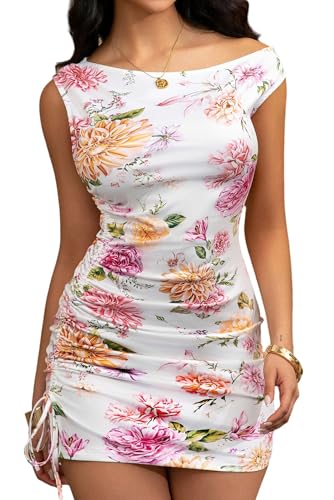 Image of ABMOIU Women's Off Shoulder Print Ruched Bodycon Mini Dress for Party Club | Asymmetric one-shoulder neckline with side drawstring, soft stretch fabric for date night, birthday, concert
