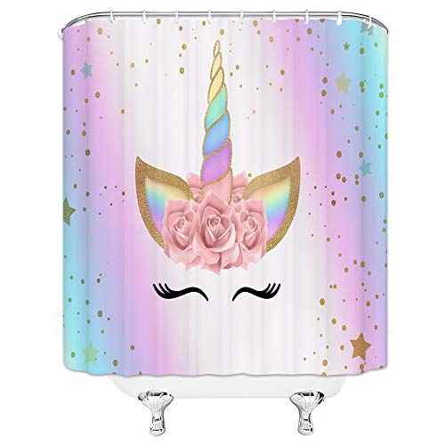 AMFD Unicorn Shower Curtain Rainbow Magic Head Rose Flower Romantic Cute Girl Pink Cartoon Bathroom Curtains Decor Fabric Set Include Hooks,(70" WX70 H)