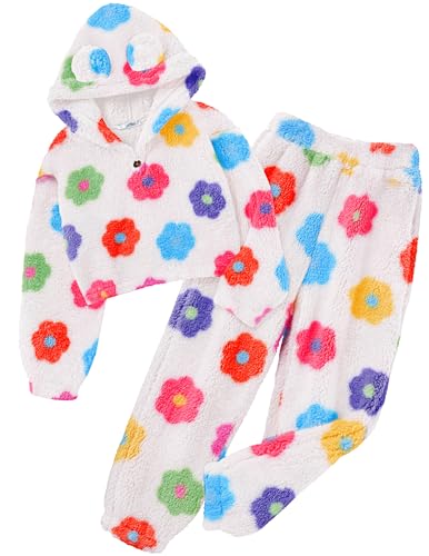 Image of Arshiner Girls 2 Piece Outfits Sweatsuit Fuzzy Long Sleeve Bear Ear Hoodie Sweatshirt and Sweatpant Kids Clothing Sets