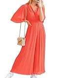 BTFBM Women Chiffon Wrap V Neck Summer Jumpsuit Spring Mesh Half Sleeve Elastic Waist Pleated Wide Leg Long Pants Romper(Solid Orange, Small)