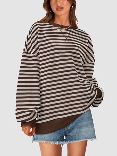 Image of PRETTYGARDEN Womens Striped Oversized Sweatshirt Color Block Crew Neck Long Sleeve Casual Loose Pullover Top Y2K Clothes