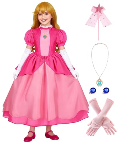 Ruimeier Girls Pink Princess Costume for Kids Royal Fairytale Dress Set with Gloves Jewelry Halloween Birthday Party 5-6 Years SD188M