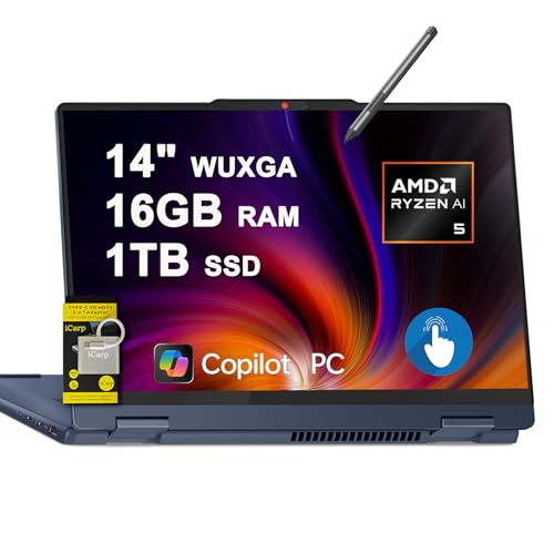 Image of Lenovo IdeaPad Flex 5 2-in-1 Laptop 14" WUXGA Touch AMD 6-core Ryzen AI 5 340 (Up to 50 Tops) 16GB RAM 1TB SSD Backlit for Creator Designer Business Professional Win11 ICP Hub/Copilot AI