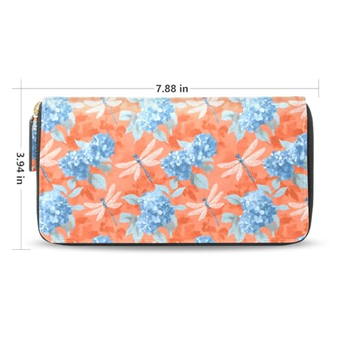 Long Wallets Leather Bifold Wallet for Women Blue Hydrangea Dragonfly with Zipper Credit Card Holder Large Capacity2