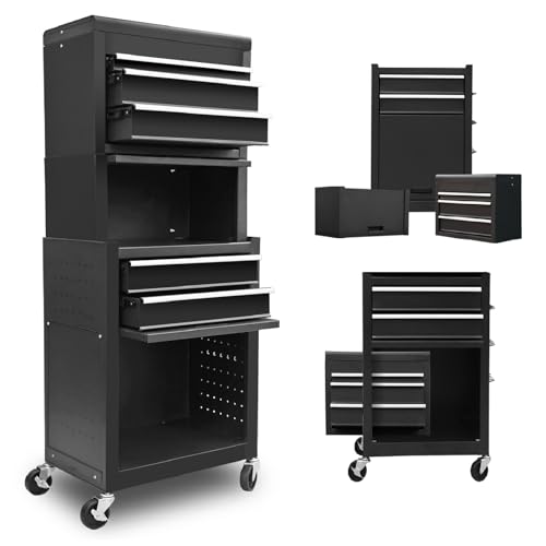 Torin ATB225XBB Rolling Tool Chest for Home & Garage Workshop: 3-in-1 Tool Box Organizer with Lockable Wheels, Sliding Drawers and Detachable Top, Black